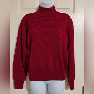 Women's Large Red Textured Turtleneck Sweater Sparkle Shimmer Grandma Christmas